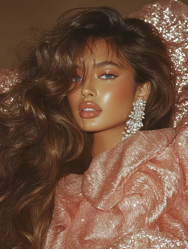 A woman with long, flowing brown hair wears a sparkling rose-gold dress and diamond earrings. She has a soft, natural makeup look and her eyes are closed. The lighting is warm and soft, giving the image a glamorous feel. The focus is on her face and the luxurious details of her outfit.  The background is out of focus, creating a sense of intimacy.