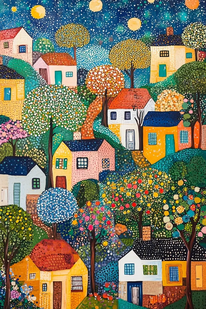 The painting depicts a whimsical village nestled amongst vibrant foliage. The colorful houses are dotted with windows and doors, and the trees are bursting with blossoms. The sky is a deep blue canvas speckled with stars and a few bright moons. The entire scene has a playful, almost childlike quality, inviting viewers to step into its fantastical world.