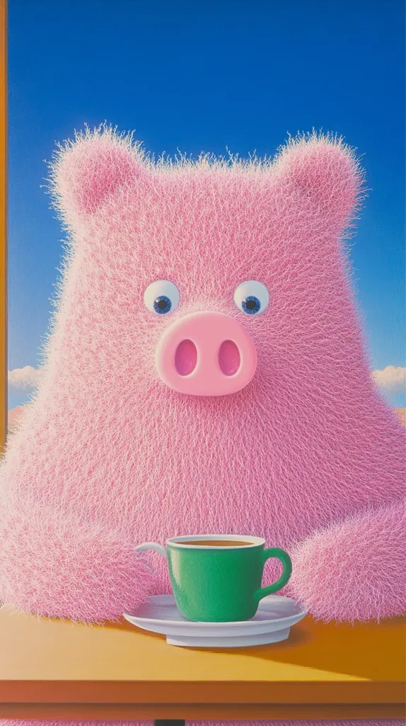 A fluffy pink pig with large blue eyes is sitting at a table, holding a green cup of coffee in its front paws. The pig is positioned in the foreground, with a blue sky and a few clouds in the background. The table is made of wood, and the pig's fur is very soft-looking. The cup of coffee is steaming and looks delicious. The image has a whimsical and charming feel to it.