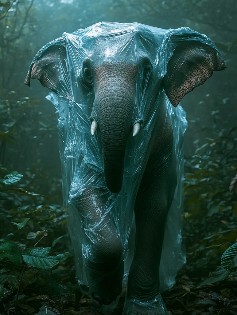 An elephant, shrouded in a plastic bag, stands in a dense, green forest. The image depicts the dangers of plastic pollution and its impact on wildlife. The elephant's solemn expression and the plastic clinging to its body create a powerful and poignant visual. The hazy background adds to the eerie atmosphere, highlighting the environmental crisis.