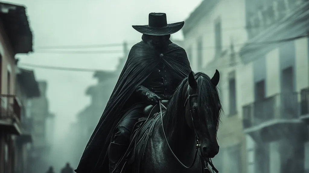 A shadowy figure, clad in a black cloak and wide-brimmed hat, rides a black horse through a foggy, urban street. The buildings lining the street are barely visible, creating a sense of mystery and intrigue. The figure's face is obscured by the shadows, leaving their identity unknown. The image evokes a sense of darkness and suspense, hinting at a secret mission or a journey into the unknown.