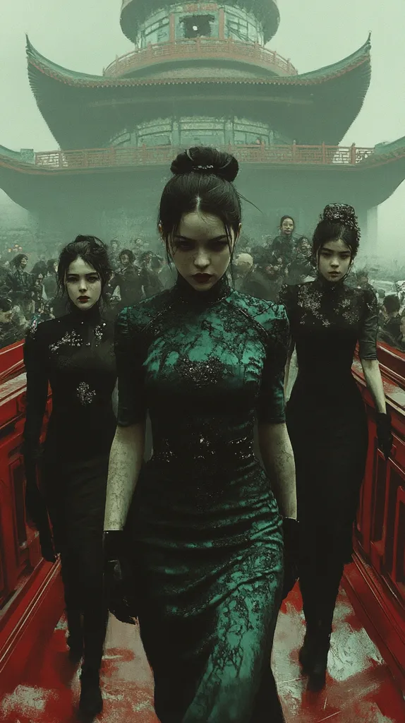 Three women in elegant dresses walk down a hallway lined with a red wooden banister. The woman in the center is wearing a dark green lace dress. The women on either side are wearing black dresses and have dark hair. In the background, a traditional Chinese pagoda structure looms in the distance. The atmosphere is eerie and mysterious.