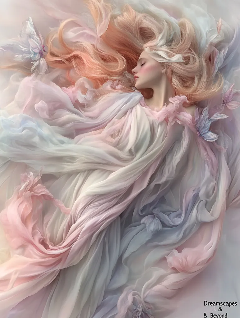 A woman with long, flowing pink hair lies enveloped in a gauzy, pastel-colored fabric. She appears to be sleeping peacefully, her eyes closed and her expression serene. The soft light and gentle colors create a dreamlike atmosphere, as if she is floating in a cloud of ethereal beauty. Delicate, butterfly-like shapes adorn the fabric, adding to the sense of wonder and enchantment.