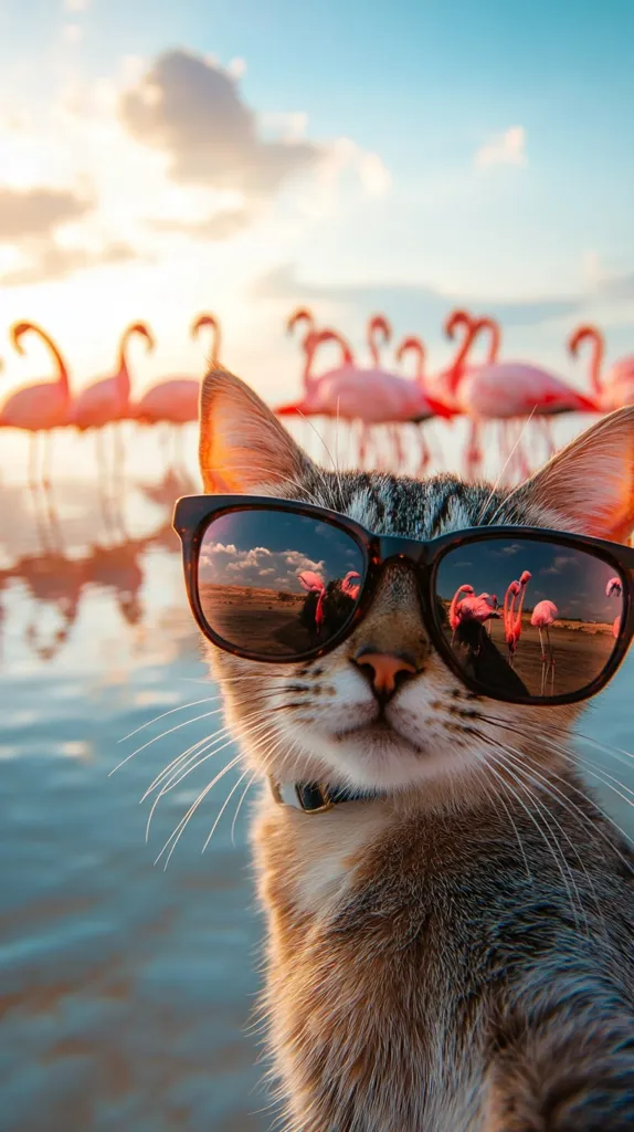 A cat wearing sunglasses stares intently at the camera. The reflection in the sunglasses shows a group of pink flamingos standing in the water. The cat is in the foreground, while the flamingos are blurred in the background. The overall tone of the image is playful and lighthearted.