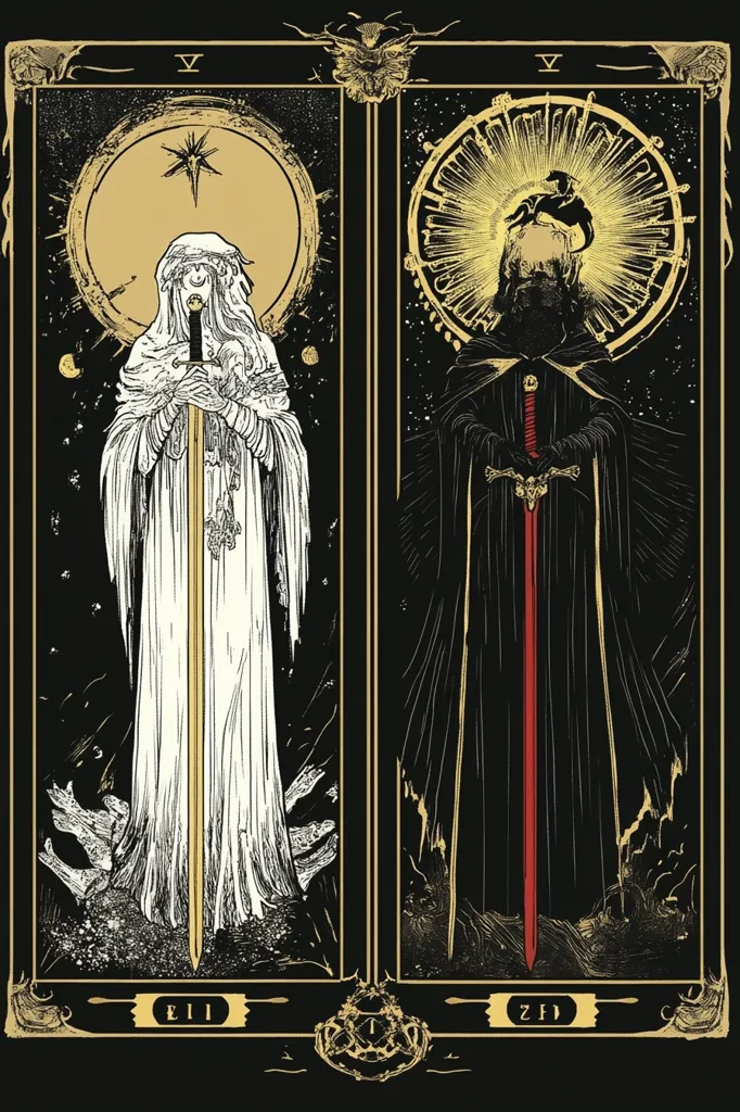 The image depicts two figures, one in white and one in black, each holding a sword. They stand against a black background with gold accents. The white figure is a woman with a halo of light, and the black figure is a man with a skull on his chest. Both figures are surrounded by a swirling, cosmic design. The image has a dark and mystical aesthetic.