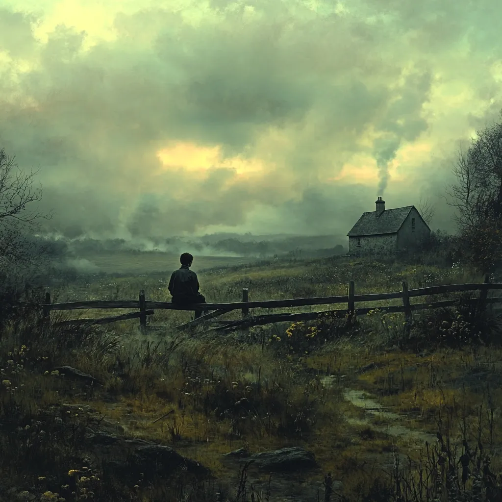 A lone figure sits on a wooden fence, facing a small stone cottage in the distance. The sky is overcast with a thick fog, lending an air of mystery and solitude to the scene. The ground is covered in lush, green grass and wildflowers, adding a touch of beauty to the otherwise somber landscape. The overall atmosphere is one of peaceful contemplation and quiet reflection.