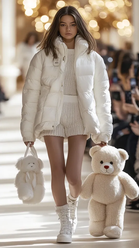 A young woman walks down a runway wearing a white puffer jacket, a white knit sweater, and white shorts. She is carrying a white teddy bear handbag and walking towards a large white teddy bear. She is wearing white knee-high boots.  She has long dark brown hair and is looking straight ahead. The background is blurry and out of focus. The image is in color.
