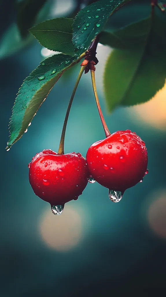 Two bright red cherries hang from a branch, glistening with raindrops. The cherries are perfectly round and plump, with a soft, dewy sheen. The background is a blur of green leaves and a hazy blue sky. The image evokes a sense of freshness and tranquility, captured in a moment of perfect beauty.