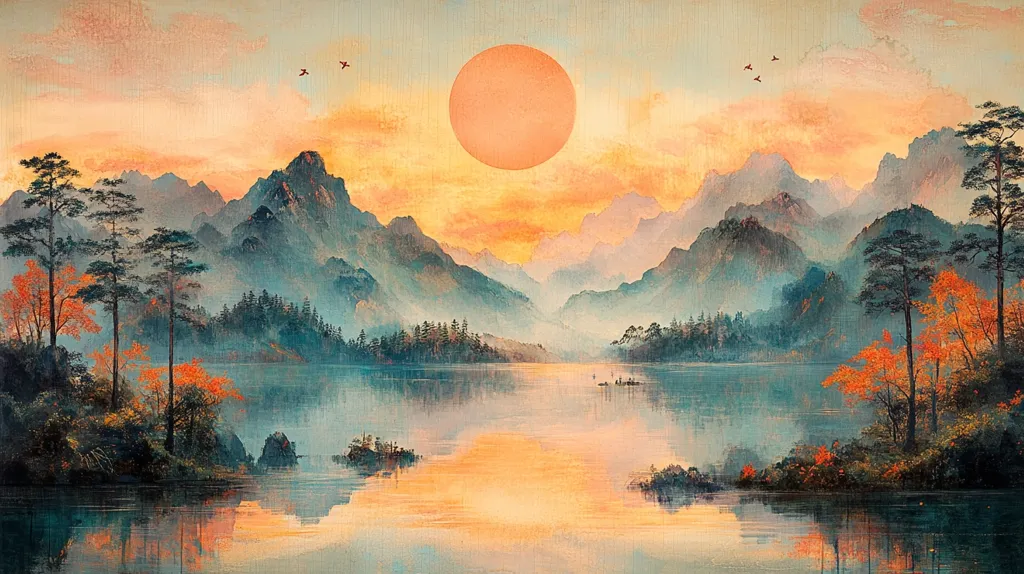 A large, orange sun sits in the sky above a misty, mountainous landscape. The sun is casting a warm, golden light on the mountains and a tranquil lake.  A few small birds fly across the sky. The scene is calm and serene, with a sense of peace and tranquility.  There are trees in the foreground and some in the distance on the hills.  The water reflects the sun's light.