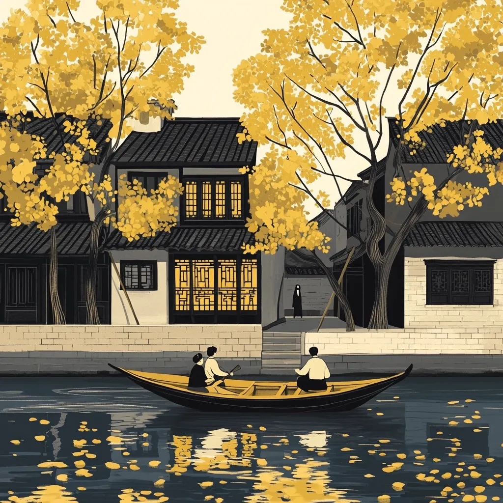 The image depicts a tranquil scene of a canal flowing through a traditional Chinese town. Two men are rowing a boat down the canal, while a lone figure stands in the distance. The buildings are adorned with traditional architecture, and the trees are in full bloom, their golden leaves casting a warm glow over the scene. The water is still and reflective, creating a serene and inviting atmosphere.  The overall aesthetic of the image is one of peace and harmony.
