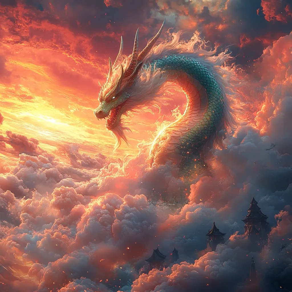 A majestic, golden dragon with a powerful presence soars through a fiery, orange sky, its scales shimmering. Its head is turned towards the viewer, with a sharp, intense gaze. It is partially obscured by wispy, white clouds and there are ancient-looking buildings in the distance. The image depicts a mythical creature in a fantastical, ethereal landscape, with a sense of awe and power.