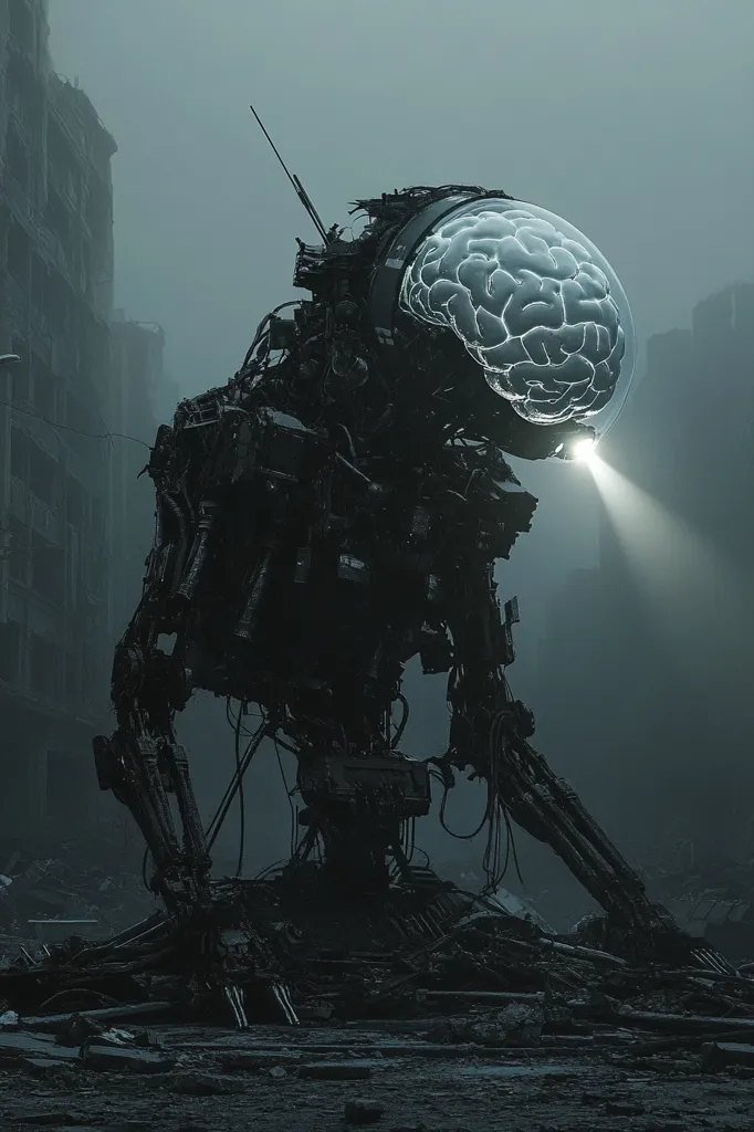 A large, mechanical figure stands amidst a destroyed cityscape. Its head is a transparent orb containing a glowing, intricate brain. The figure's body is made of interconnected metal parts, its limbs are long and slender, and it is covered in wires and tubes. The scene is bathed in a misty, gray light, creating a sense of foreboding and mystery.