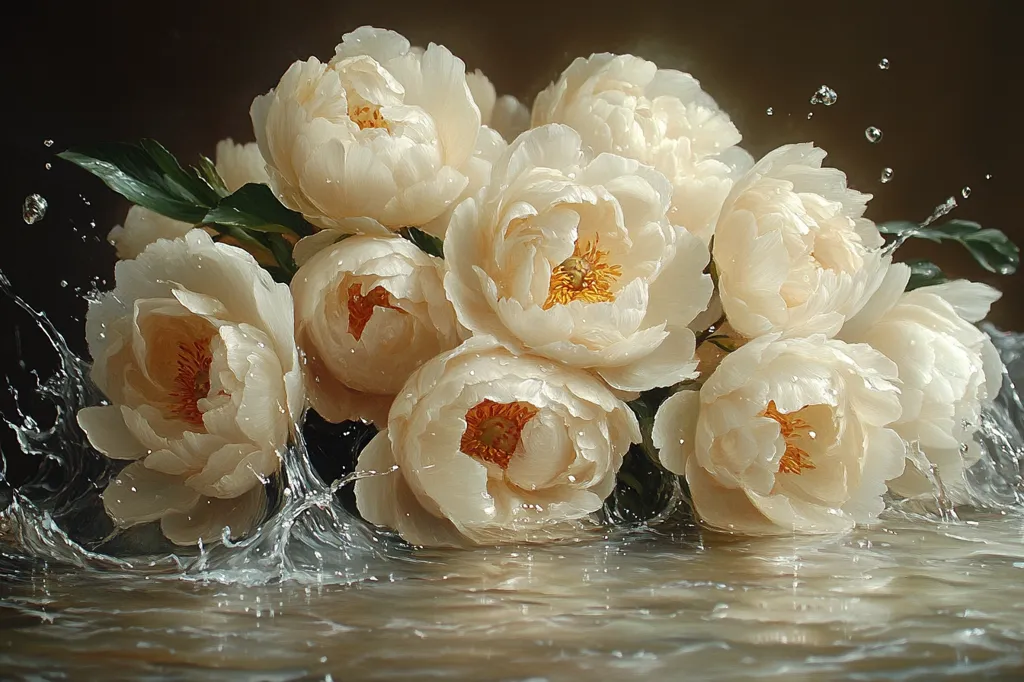 A bouquet of white peonies, with delicate petals, are shown in a still life image. The peonies are arranged in a cluster, with water droplets falling around them and creating a spray of water. The flowers are illuminated by a soft light, highlighting their delicate beauty. The image evokes a sense of tranquility and natural beauty.