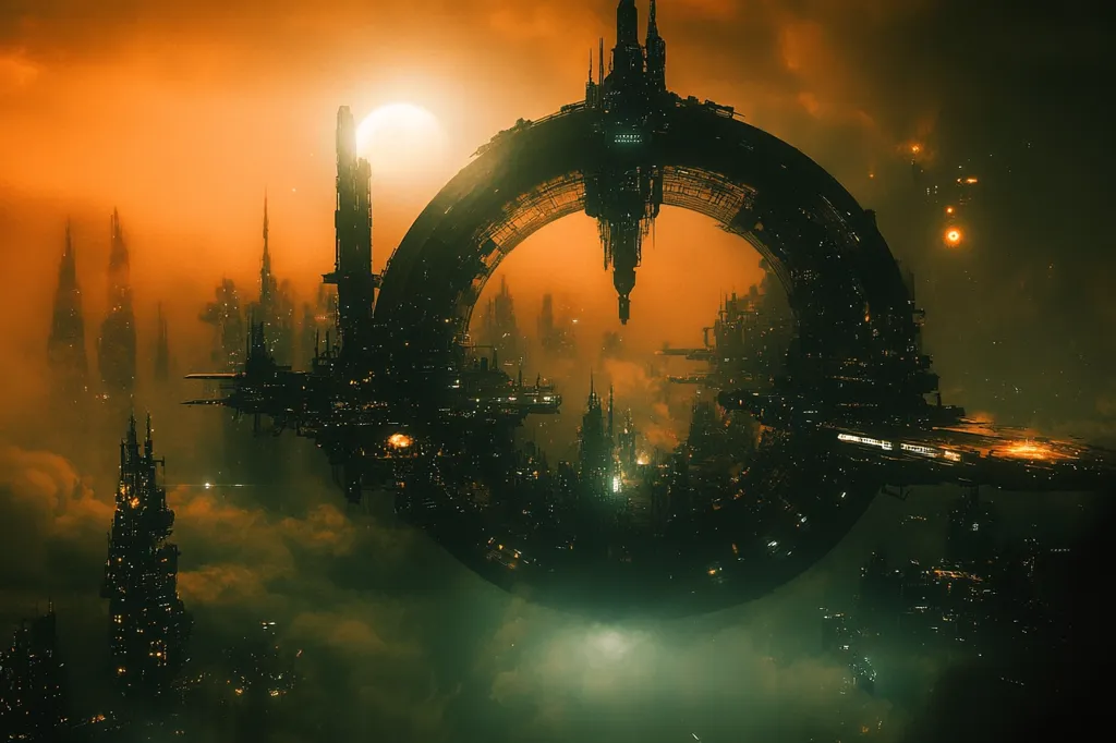 The image depicts a futuristic cityscape bathed in an orange glow. A large, circular structure dominates the center, its silhouette creating an imposing archway. The city appears to be built on multiple levels, with towering structures reaching towards the sky. The orange light emanating from the sun, or another celestial body, illuminates the city in a hazy, ethereal manner, suggesting a dense atmosphere or the presence of clouds. The overall impression is of a bustling, technologically advanced civilization existing amidst a dense, atmospheric environment.