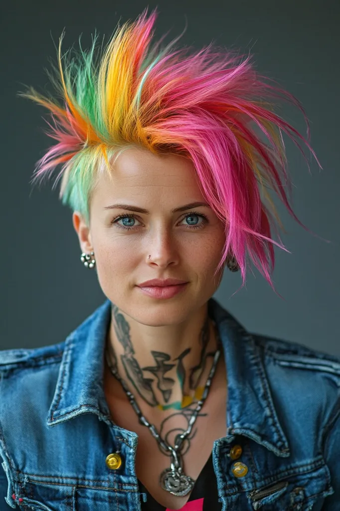 A young woman with bright pink, yellow, and green hair stares directly at the camera. She is wearing a denim jacket and has a  tattoo on her neck. Her blue eyes are piercing, and she has a small nose ring. Her look is bold and confident.