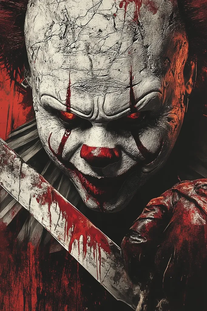 The image shows a close-up of a terrifying clown with a sinister grin. His face is painted white with red streaks and he has glowing red eyes. He is holding a bloody machete, dripping with crimson. The background is dark and ominous, with hints of red. The image evokes a sense of dread and fear.