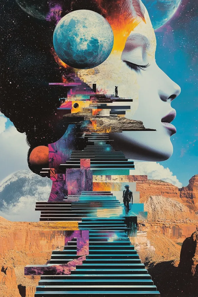The image is a collage of a woman's face with her eyes closed, a stairway ascending into the sky, and a desert landscape. The stairway is made up of different colored squares and rectangles. There is a large blue moon in the top left of the image, and a red planet in the bottom left.  The image creates a surreal and dreamlike atmosphere. The woman's serene expression and the stairway suggest a journey of self-discovery and spiritual awakening. The desert landscape adds a sense of mystery and vastness.