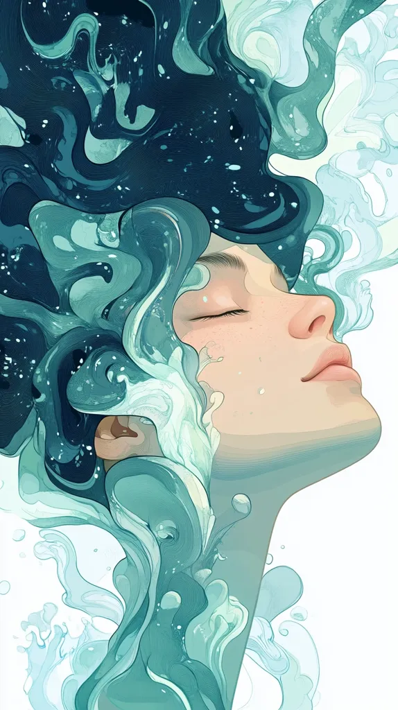 The illustration depicts a woman's face partially submerged in a swirling, ethereal wave of turquoise water. Her eyes are closed, and she appears serene and peaceful, as if she is enveloped in the calming embrace of the sea. The water is rendered in a flowing, dynamic style, creating a sense of movement and energy.  The colors are soft and pastel, evoking a sense of tranquility and harmony. The overall effect is dreamlike and beautiful, inviting the viewer to contemplate the beauty and power of nature.