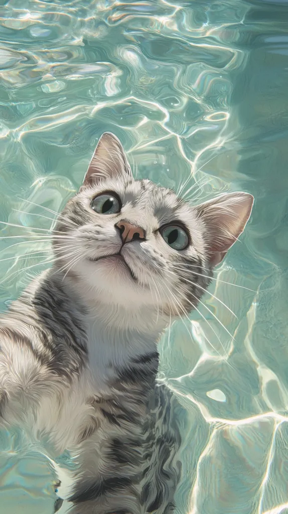 A grey tabby cat with large, curious eyes looks upwards from a pool of shimmering turquoise water. The cat's fur is wet and shimmering, blending with the rippling surface of the water. Its whiskers are long and delicate, adding to its gentle and playful expression. The image captures a moment of quiet contemplation and peaceful serenity, as the cat enjoys a cool dip in the pool.