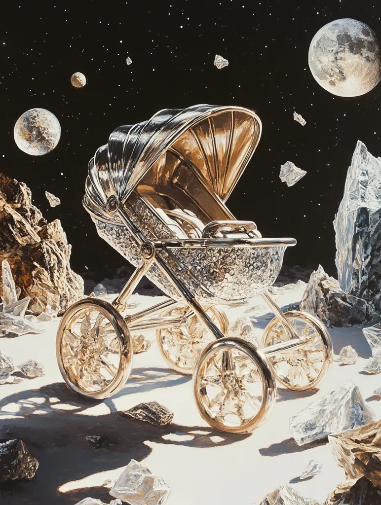 The image depicts a golden baby stroller sitting on a white, moon-like surface. The stroller has intricate details and is surrounded by scattered crystals and rocks. The background is a dark starry sky with a large moon and several smaller celestial bodies.  The scene is surreal and evokes a sense of otherworldliness and wonder.