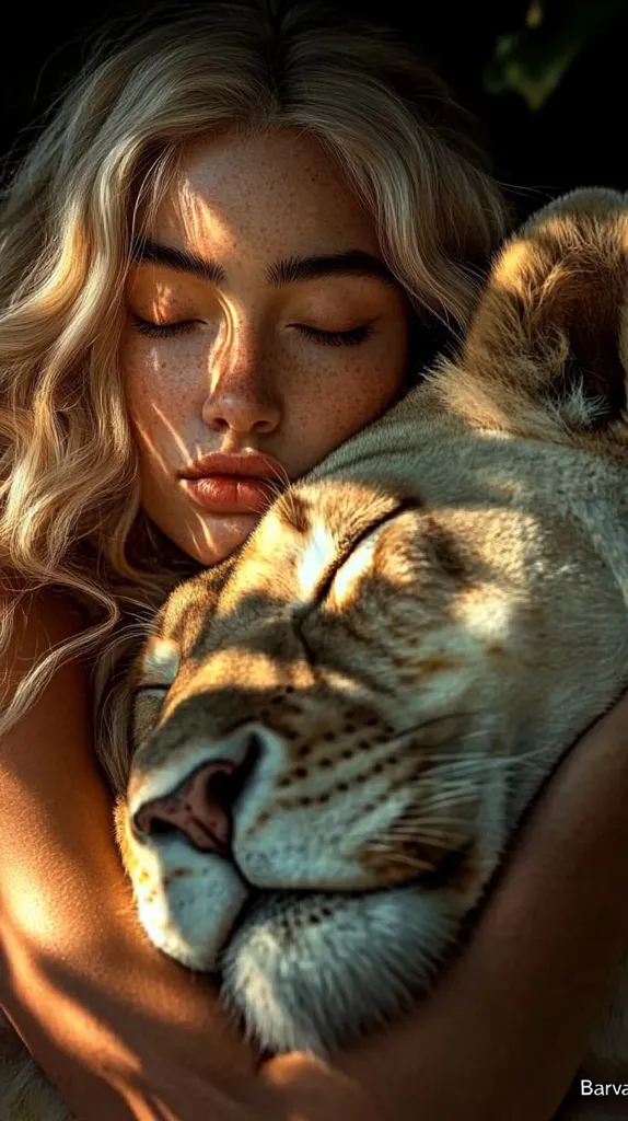 The image depicts a young woman with long, flowing blonde hair, her eyes closed, gently cradling a lion's head in her arms. The lion's eyes are also closed, suggesting a peaceful and intimate moment between the two. The woman's skin is lightly freckled, adding to the natural and earthy feel of the image. The soft light, dappled on both subjects, enhances the sense of closeness and tranquility.