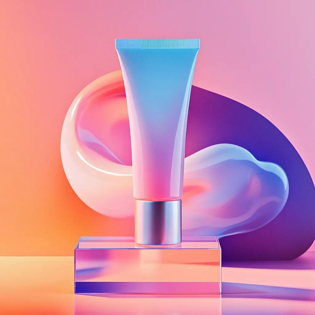 A silver and pink tube of lotion sits on a clear glass platform. The background is a gradient of pink, orange, and purple with a large white blob of paint behind the product. The image is lit from the front, highlighting the product's reflective surface. The composition is simple and modern, with the product being the focal point.