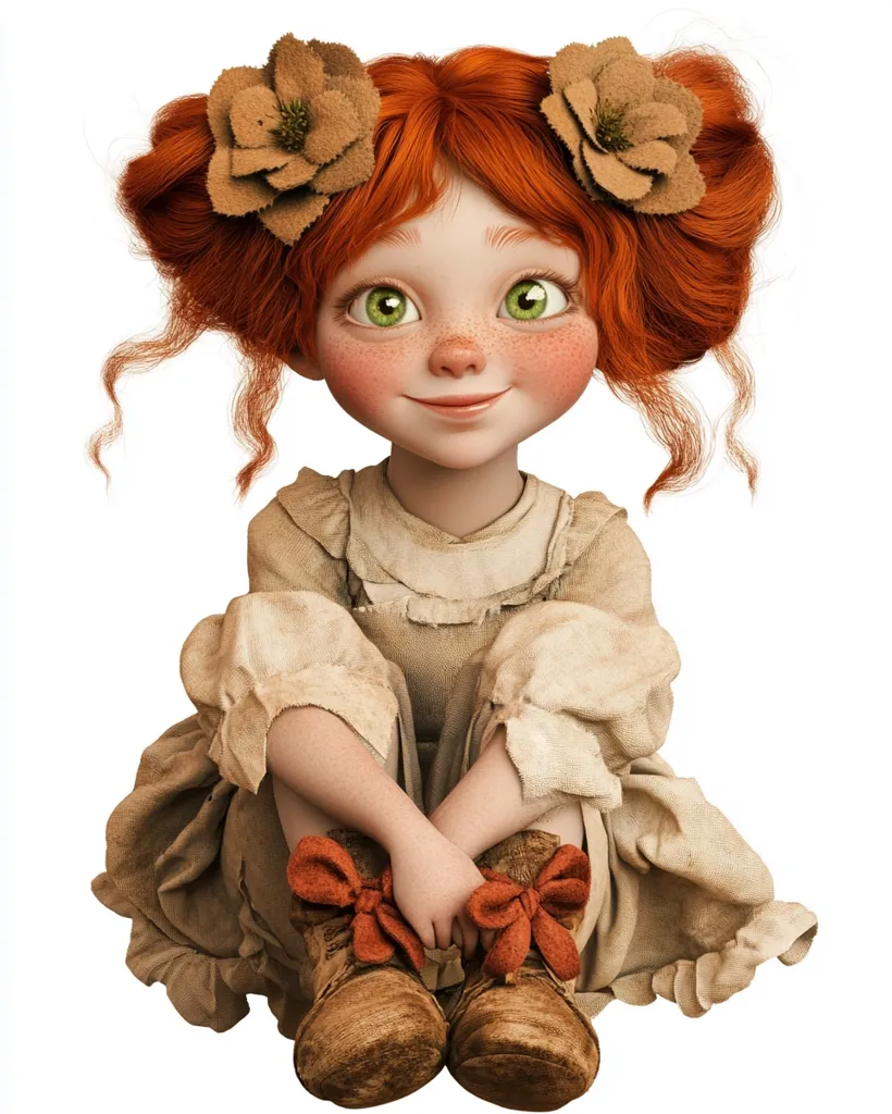 A young girl with long, bright red hair and large green eyes sits on the floor. She wears a simple, white dress with brown boots and red bows. Her hair is pulled back with brown flowers and she has a sweet, innocent expression. She sits with her arms crossed and looks directly at the camera. The image is bright and colorful, with a focus on the girl's face and expressions.