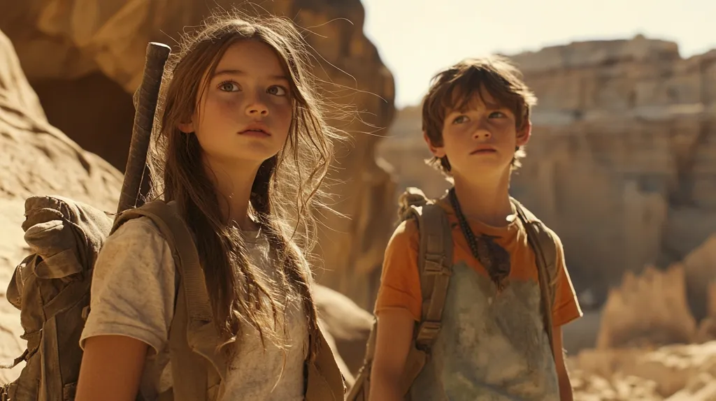 A young girl and boy, both wearing backpacks, stand in a desert landscape. The girl has long brown hair and is looking to the right, while the boy has short brown hair and is looking straight ahead. The background is a blur of sand and rock formations. The image evokes a sense of adventure and exploration.