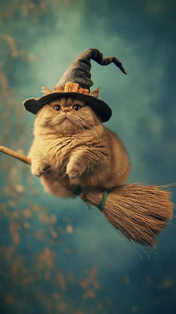 A fluffy orange cat dressed in a witch's hat is flying on a broomstick in front of a blue and green blurred background. The cat has a serious expression on its face and looks straight ahead. The image has a vintage filter applied to it.