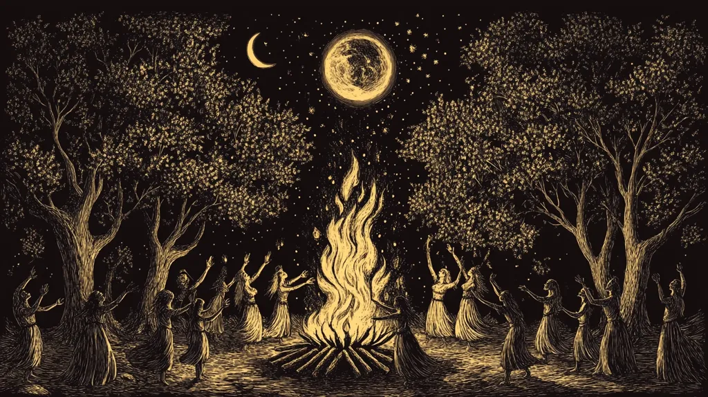 The image depicts a gathering of figures in a moonlit forest. A large bonfire burns at the center, with flames reaching upwards toward the full moon and a crescent moon above.  The figures stand in a circle around the fire, their arms raised in a gesture of reverence or celebration. The scene is filled with stars and a sense of otherworldly beauty, hinting at a magical or spiritual gathering. The image is rendered in a dark, detailed style, reminiscent of a woodblock print.