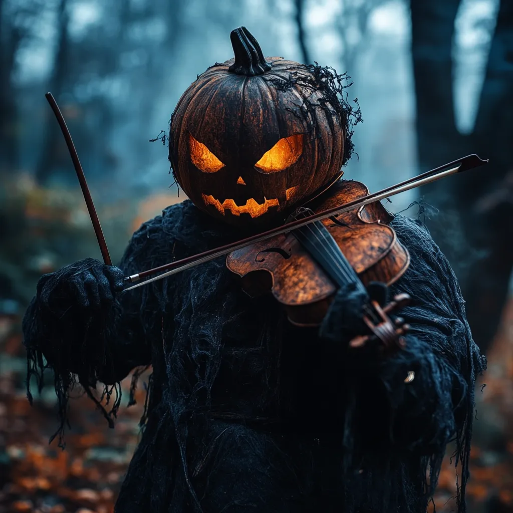A figure with a carved pumpkin head, illuminated from within, wears a tattered black cloak and plays a violin in a dark, misty forest. The scene evokes a haunting and eerie atmosphere, reminiscent of Halloween. The figure's glowing eyes add to the unsettling ambiance, suggesting a macabre presence.