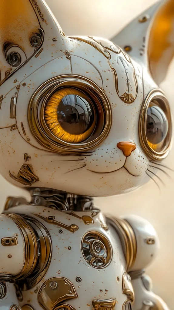 A robotic cat with a white and gold metallic body, large round eyes with golden pupils, and a small orange nose. The cat is looking at the viewer with a gentle expression and has intricate mechanical details throughout its body. Its ears are perked up, giving it an alert and inquisitive look. The image evokes a sense of curiosity and wonder, blending the familiar form of a cat with the futuristic and technological.