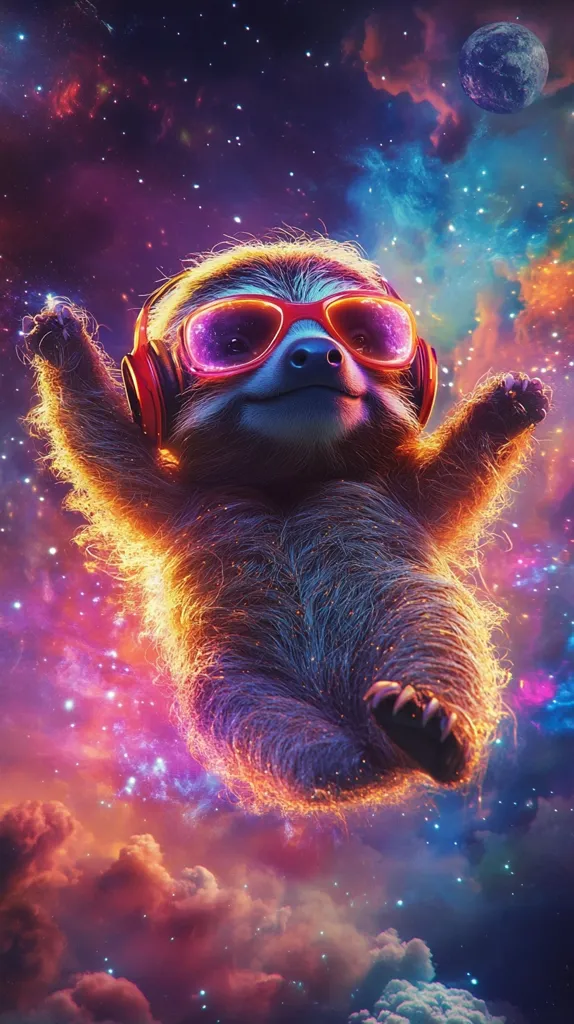 The image shows a cute sloth wearing sunglasses and headphones floating in space. The sloth is surrounded by a colorful galaxy of stars and clouds, with a bright blue planet visible in the background. The image is vibrant and whimsical, with the sloth looking happy and carefree.