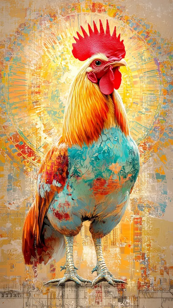 A rooster with a red comb and wattles stands on a textured background of yellow, orange, and blue. The rooster's feathers are a mixture of yellow, orange, and blue, creating a vibrant and abstract pattern. The background is reminiscent of a city skyline, with lines and shapes suggesting buildings and streets. The overall image is a playful and colorful portrayal of a common farm animal.  The rooster is the focal point of the composition, and its bold colors and lively pose draw the viewer's eye.