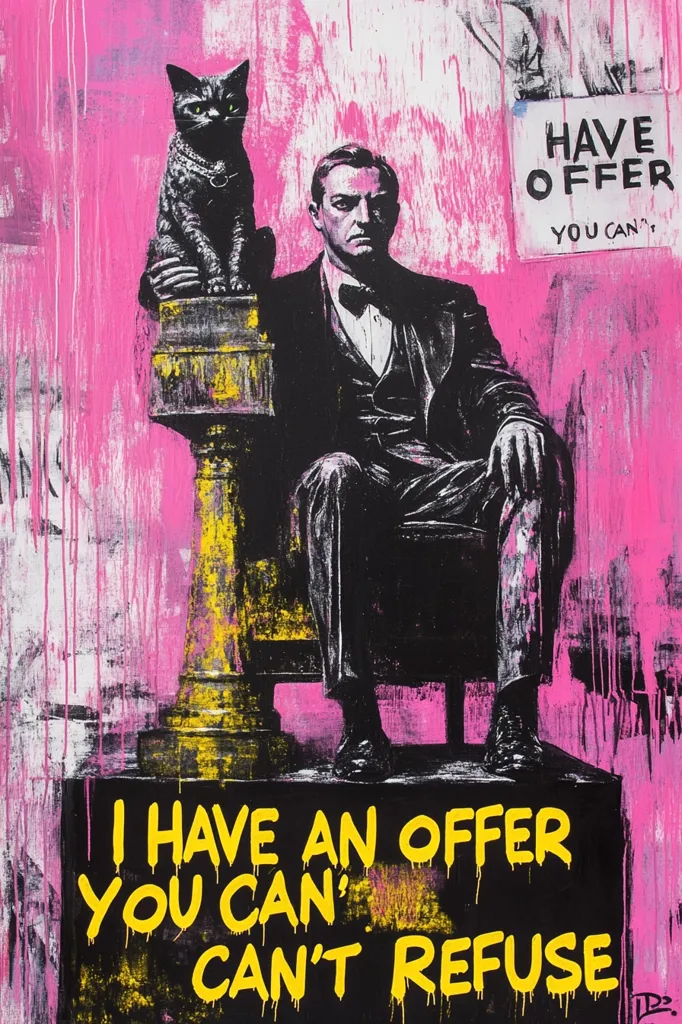 A man in a suit and bow tie sits on a pedestal, with a black cat perched beside him. The background is a vibrant pink with white and gray paint splatter. A sign above the man reads "Have Offer You Can't," and a similar phrase in yellow is beneath the pedestal, "I have an offer you can't refuse." The artwork is a bold and colorful commentary on power and temptation.