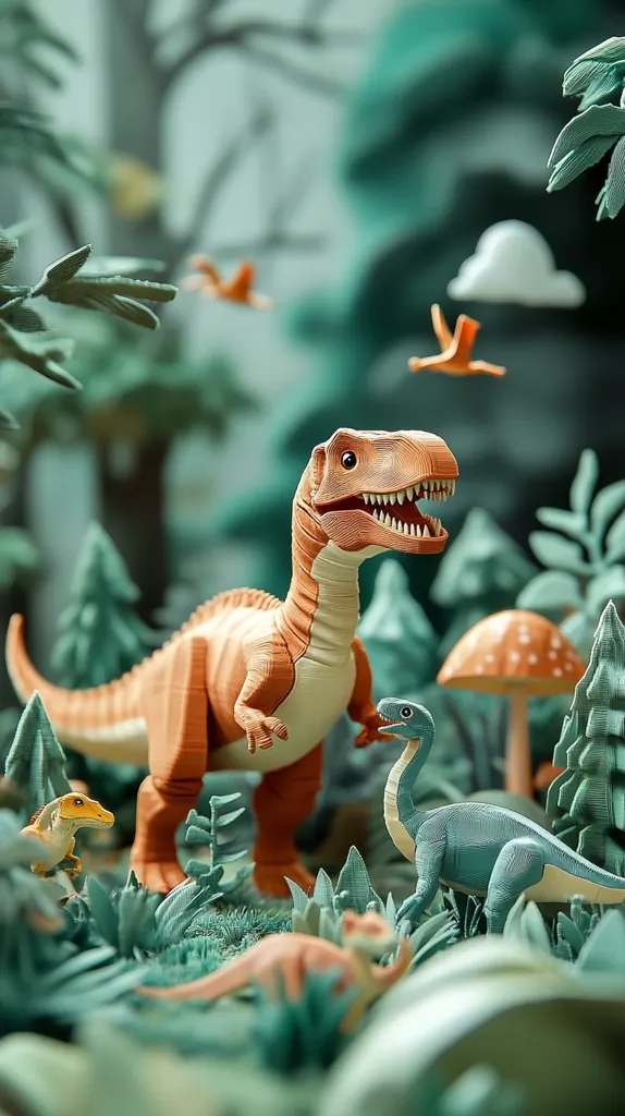 The image depicts a miniature, paper-craft scene of a prehistoric jungle. An orange Tyrannosaurus Rex stands in the foreground, surrounded by lush, teal-colored foliage. Smaller, green dinosaurs are scattered throughout the scene, including a small dinosaur munching on a leaf. A mushroom and two paper birds add to the whimsical nature of the scene. The intricate details and vibrant colors create a captivating, miniature world.