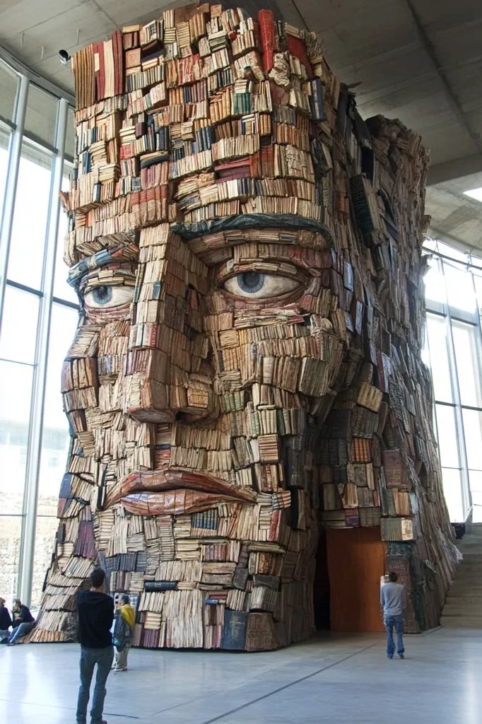 A large sculpture of a human face is constructed entirely of books. The sculpture is very detailed, with individual books forming the eyes, nose, mouth, and other features. The sculpture is located in a large, open space, and people are walking past it. The sculpture is a testament to the power of literature and the enduring nature of books.  The sculpture appears to be a monument to the power of reading and the knowledge that books hold.