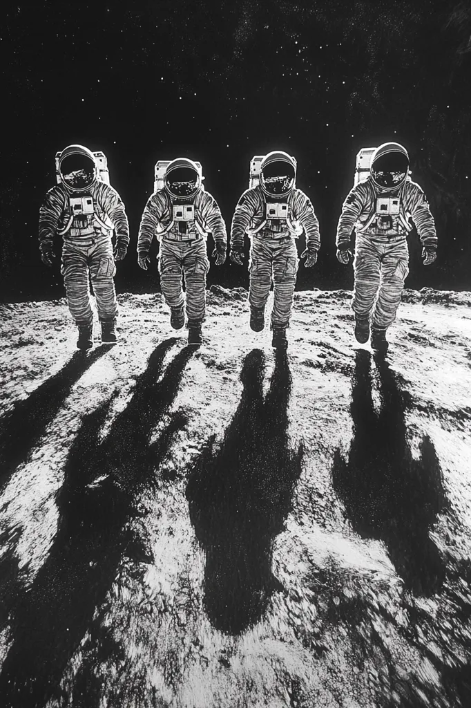 Four astronauts in space suits walk across a moon-like landscape.  The scene is in black and white with a dark background of space dotted with stars. The astronauts cast long shadows on the uneven surface. Their suits and helmets are detailed, and their movements suggest a sense of exploration.  The image conveys a feeling of mystery and adventure.