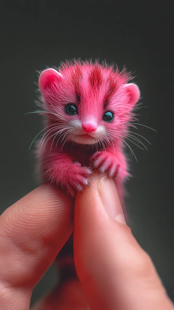 A small, pink furry creature with big blue eyes sits in a human's hand. The creature is a ferret or weasel, and its fur is a vibrant shade of pink. Its white whiskers and pink nose are clearly visible. The creature's paws are curled around the human's finger, and its tail is tucked in between the fingers. The background is a dark gray.  The creature's large eyes are filled with curiosity and make for a cute and adorable image.