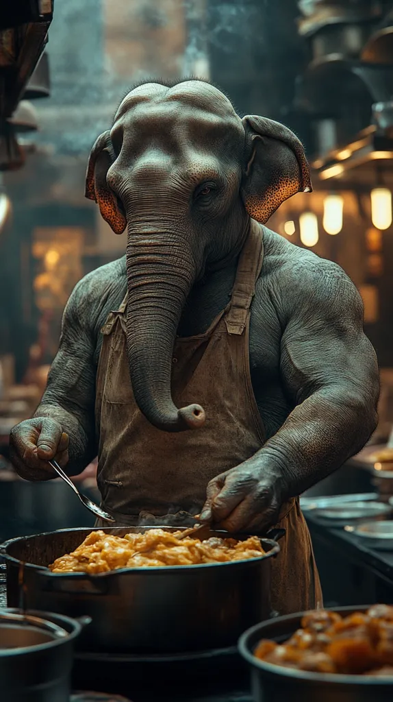 A humanoid figure with an elephant head and trunk is stirring a pot of food on a stovetop. They are wearing a brown apron and have a muscular build. The scene is set in a kitchen, with other pots and pans visible in the background. The image is likely a fantasy or science fiction concept, depicting an anthropomorphic creature engaged in a mundane task.