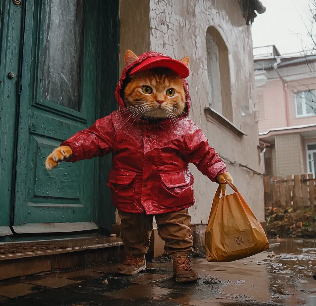 A ginger cat wearing a red raincoat and a red cap is walking down a wet street. He is holding a brown paper bag in one hand and looks towards the camera with a serious expression. The cat is standing outside a building with a green door, and the sidewalk is wet from the rain.