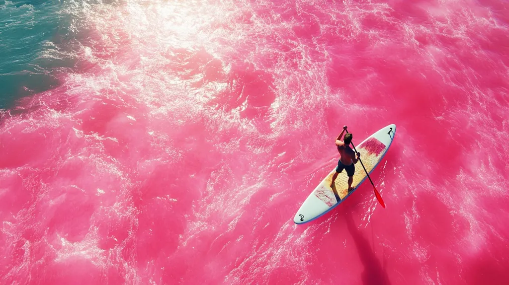 A man stands on a paddleboard in vibrant, pink water. The water is rippling and shimmering, creating a surreal and colorful scene.  The man is paddling towards the right of the image, with a blue sky and a small amount of blue water in the background.  The overall effect is one of playful beauty and otherworldly wonder.