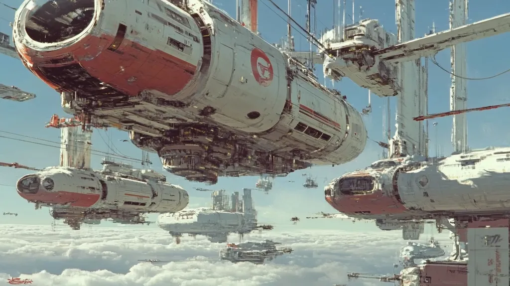 The image depicts a futuristic cityscape with multiple spaceships and structures floating in the sky.  The spaceships are white with red accents, and the structures are tall and slender. The sky is clear and blue, with clouds visible in the distance. The image is set in a futuristic city, with many spaceships and structures floating in the air. The scene is both beautiful and awe-inspiring. The art style is realistic and detailed, with a focus on capturing the intricate details of the spaceships and structures.  The artist has created a believable and immersive world that feels both familiar and strange.
