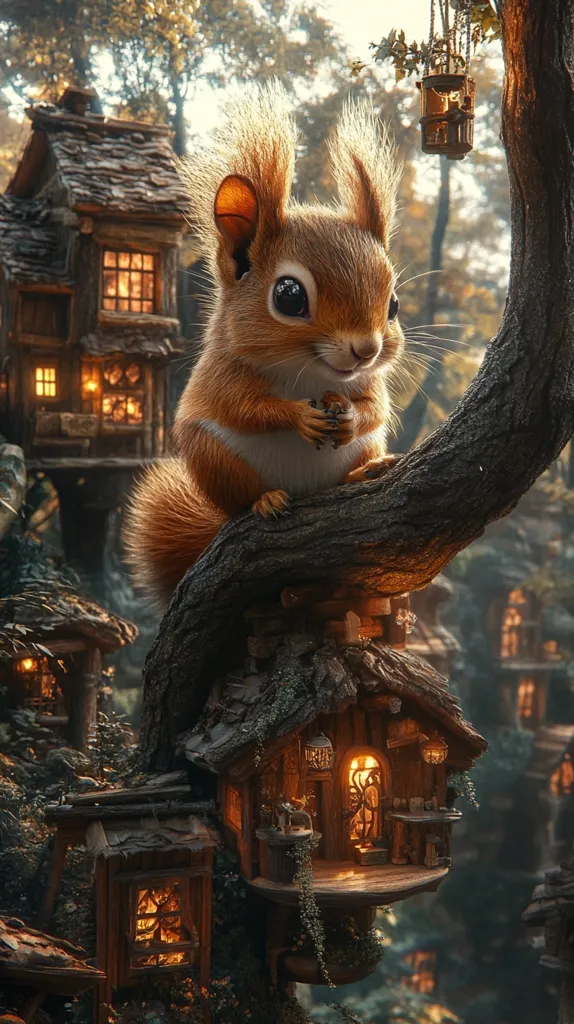 A cute, cartoon squirrel sits on a tree branch, holding a small object in its paws. The squirrel is perched in front of a wooden treehouse with a glowing window, nestled within a lush, fairytale-like forest. The scene evokes a sense of wonder and enchantment.