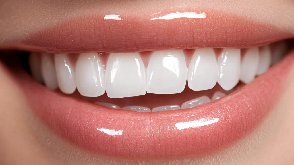 The image shows a close-up of a person's mouth with perfectly white teeth and glossy pink lips. The teeth are evenly spaced and appear to be very healthy. The person is smiling, showcasing a beautiful and confident grin.  The overall image evokes a sense of happiness and health.