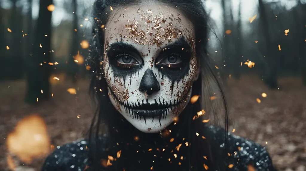 A woman with a dark, skull-like makeup stares intensely into the camera. The makeup is detailed, with black outlines and white paint, and gold glitter accents. She is surrounded by a flurry of golden sparkles, perhaps signifying magic or transformation. The backdrop is a blurry forest, creating an ethereal and mysterious atmosphere. Her expression is haunting and captivating, hinting at a darker side.
