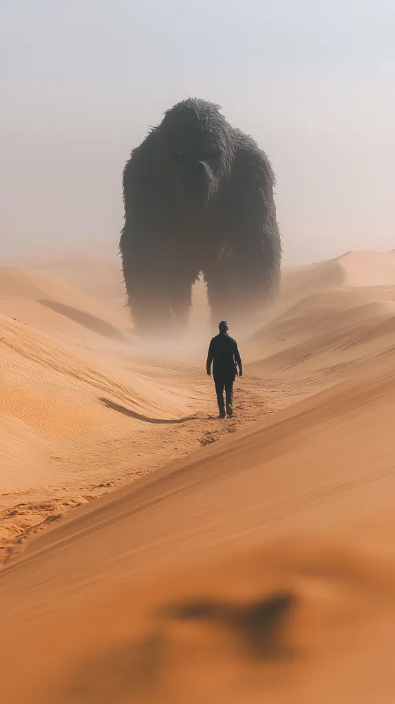 A lone figure walks across a vast desert landscape, dwarfed by a looming, dark, and seemingly monstrous creature in the distance. The air is hazy, creating a sense of mystery and unease. The creature's immense size and imposing presence fill the foreground, leaving the human figure seemingly insignificant in comparison. The image evokes a feeling of isolation and vulnerability, as the figure ventures into the unknown, facing the potential threat of the unseen.