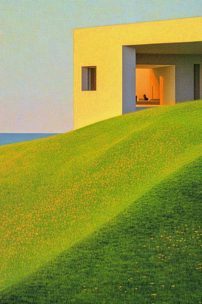The image shows a yellow house with a single window on a green grassy hill. The hill slopes gently down to a blue sea horizon. The house is partially obscured by the hill and the sunlight casts a warm glow on the scene.  The grass is covered in small yellow flowers, adding to the overall warmth of the image.  The composition is simple and balanced, creating a sense of tranquility and peace.