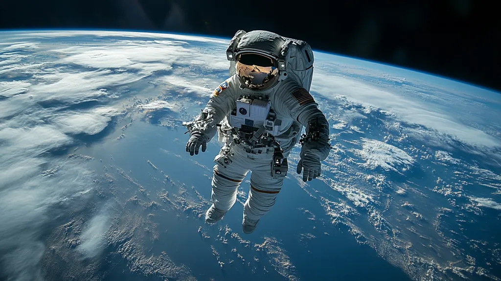 A lone astronaut floats in space, their white spacesuit stark against the vast expanse of the dark cosmos. Earth, a swirling blue and white sphere, stretches below, covered in clouds. The image evokes a sense of isolation and awe, highlighting the scale of the universe.