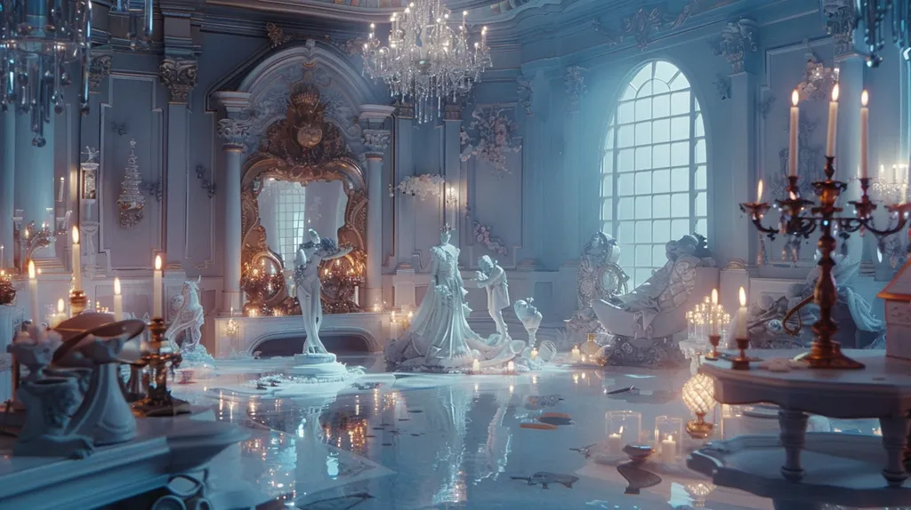A grand, opulent room in a palace, flooded with water, and illuminated by candlelight. Statues of people stand in the water, surrounded by scattered debris and furniture. The room has high ceilings, ornate decor, and a large window overlooking a misty landscape. The atmosphere is both magical and melancholic.